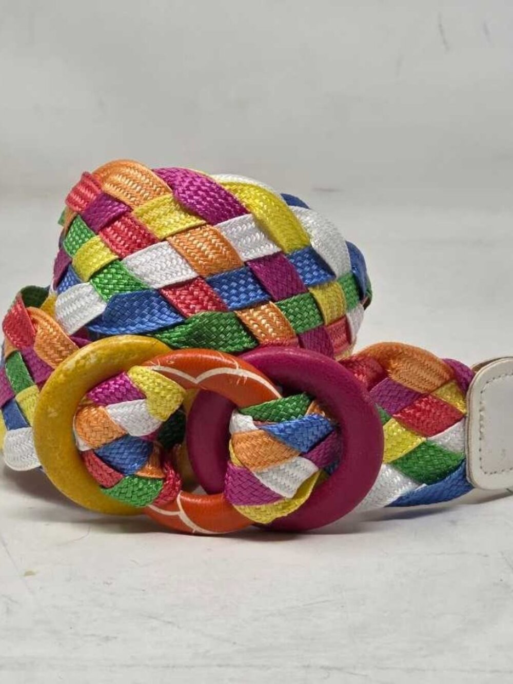 Vintage 80s XS-S rainbow braided belt w/ 3 ring buckle - Made in USA